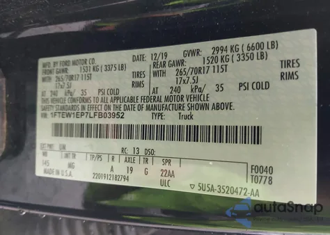 2020 Ford F-150 Xlt из США, поврежденный, VIN 1FTEW1EP7LFB03952